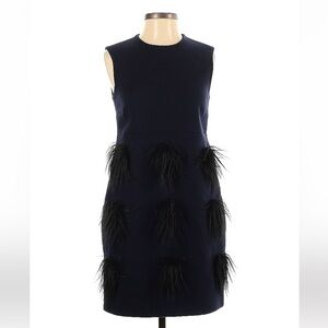 Stella McCartney- Navy Wool Sleeveless Mini Dress with Black Faux Fur Pom Poms